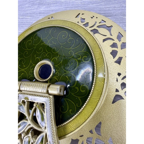 Vintage Enameled Green Tabletop Clock With Gemstones Quartz Works - Picture 8 of 15